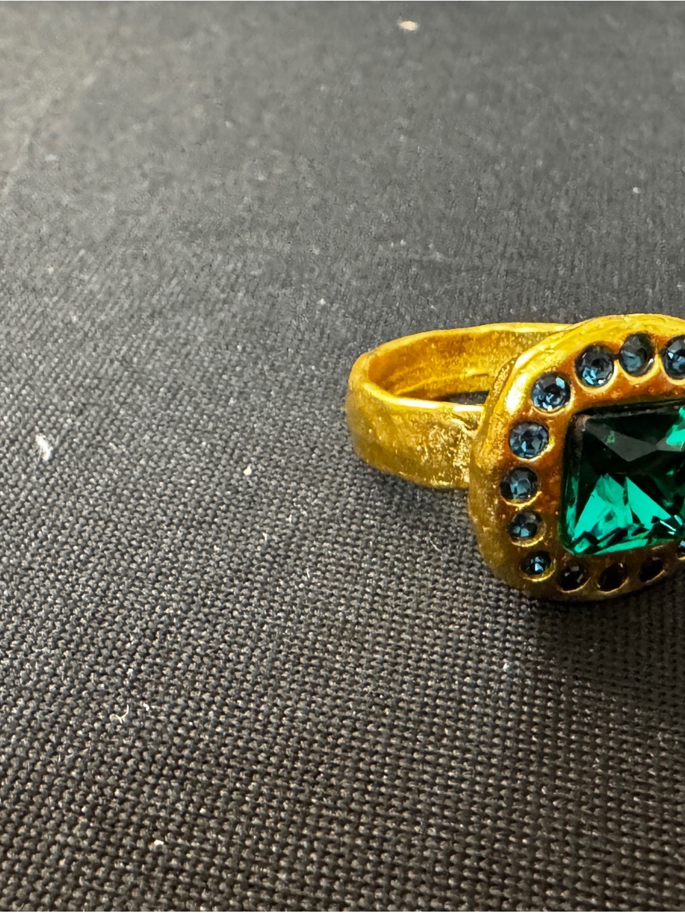 Gold-Tone Ring with Emerald Green Center and Blue Accent Stones